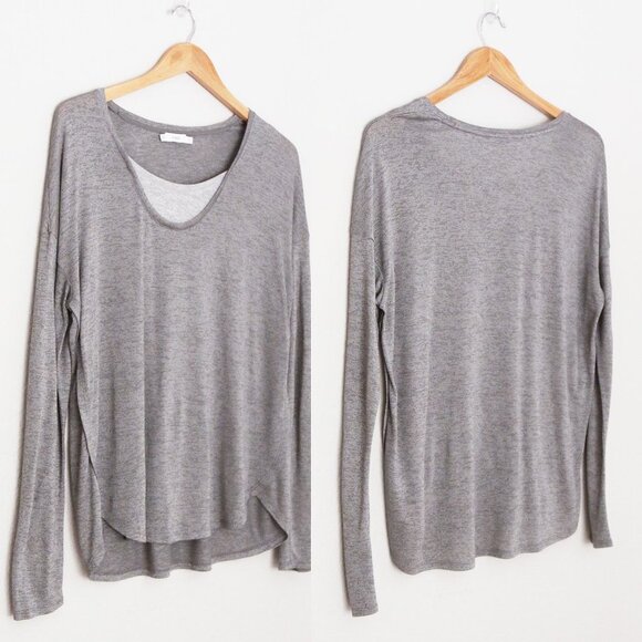 Vince Layered Two Tone Long Sleeve Tee Top M Round Neckline Curve Hem Sleek Slim - Picture 3 of 15